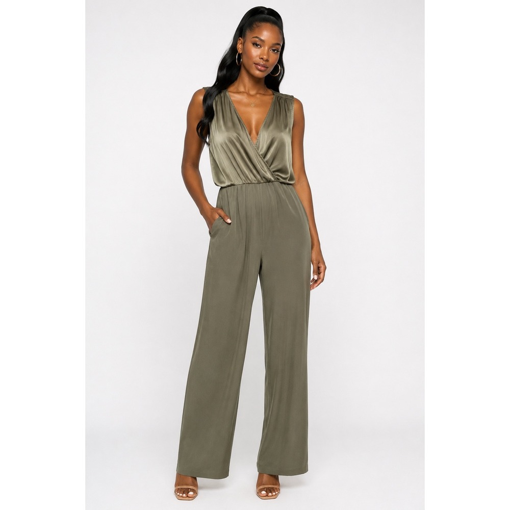 Ramy Brook Silk Blend Sleeveless Wrap Jumpsuit Olive Green Sz M (6-8)